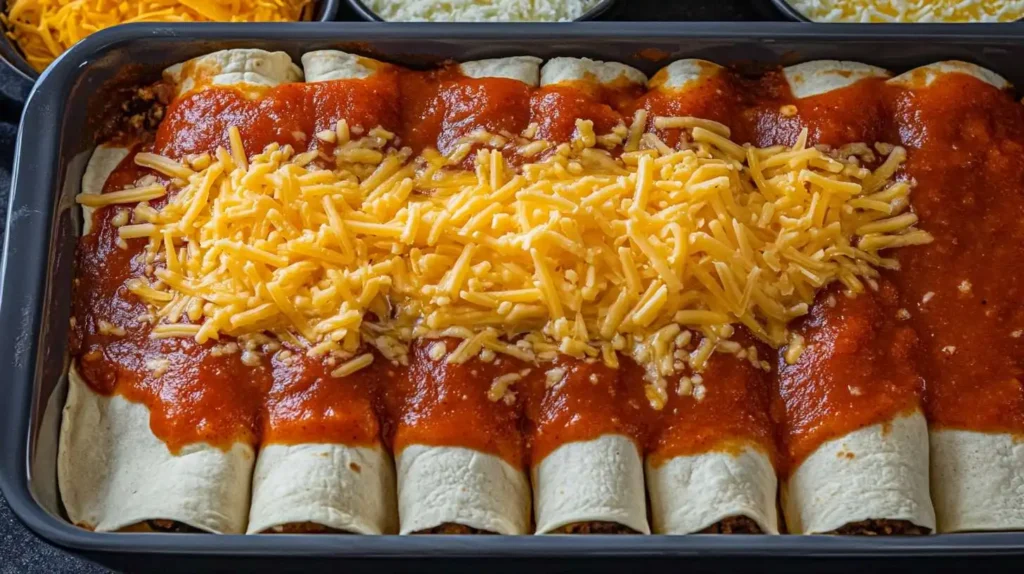 A baking dish filled with rolled enchiladas topped with red enchilada sauce and shredded cheese before baking.