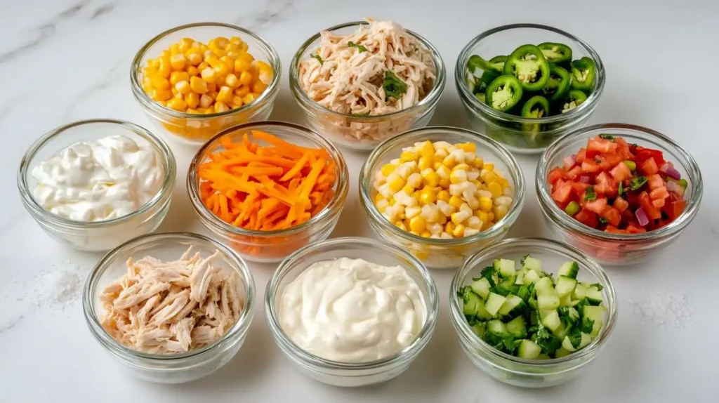 Mexican Chicken Salad ingredients neatly arranged in glass bowls, including shredded chicken, corn, diced vegetables, and creamy dressing.