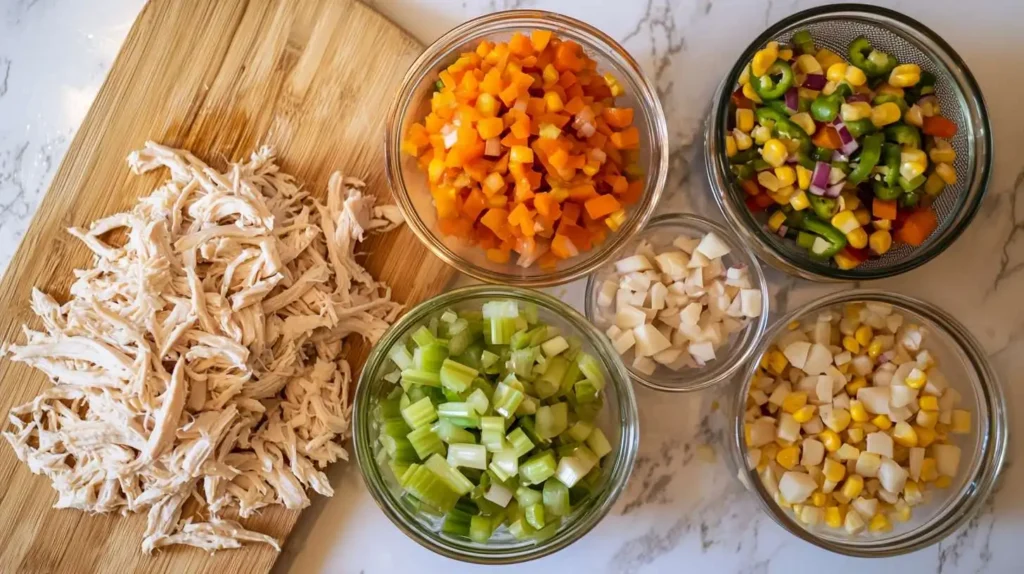 A wooden cutting board with shredded chicken, alongside small bowls of diced vegetables and corn for Mexican Chicken Salad.