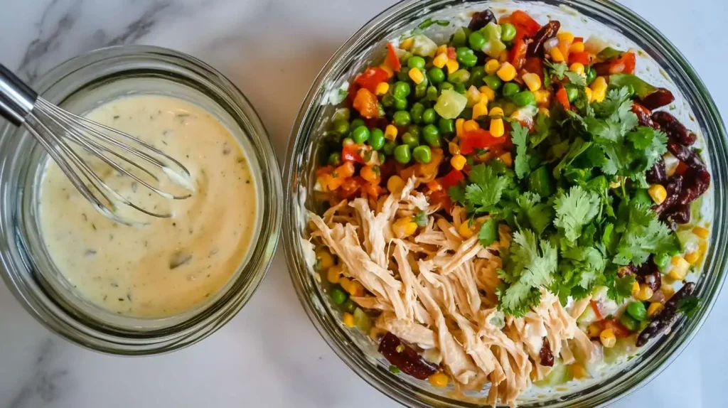 A bowl of creamy dressing next to a large mixing bowl filled with shredded chicken, corn, peas, chopped vegetables, and cilantro.