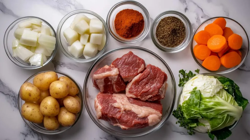 Ingredients for Instant Pot Corned Beef, including raw beef, potatoes, carrots, cabbage, onions, and spices in glass bowls.