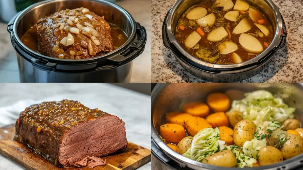  Instant Pot Corned Beef cooking process, showing seasoned beef, potatoes, cabbage, and carrots inside a pressure cooker.