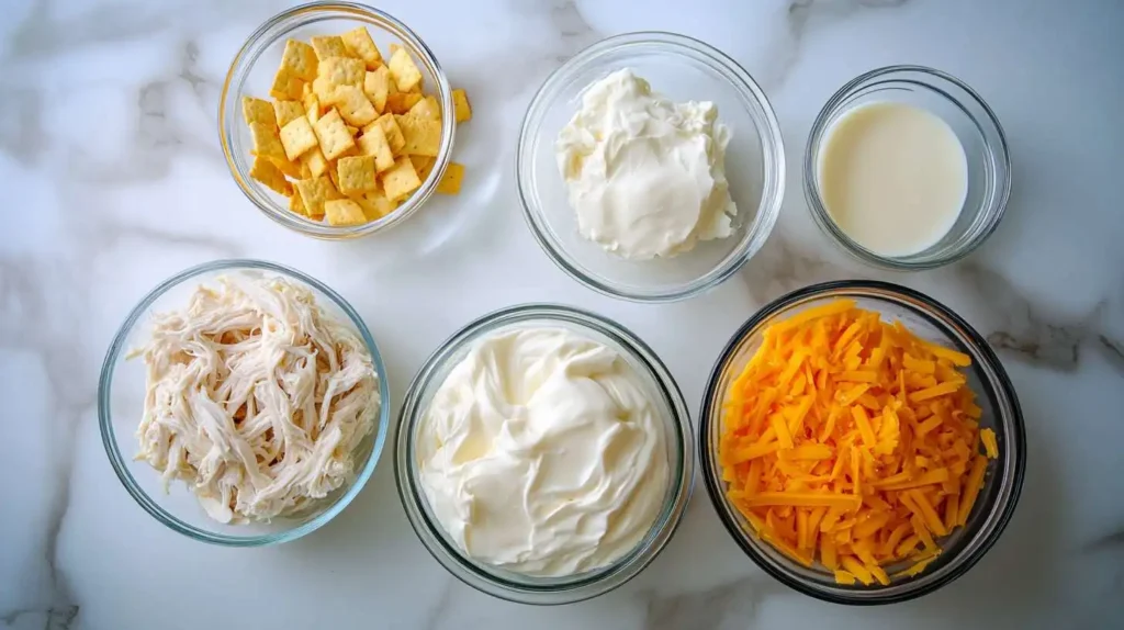 Ingredients for Million Dollar Chicken Casserole, including shredded chicken, cheese, sour cream, and crushed crackers in glass bowls.