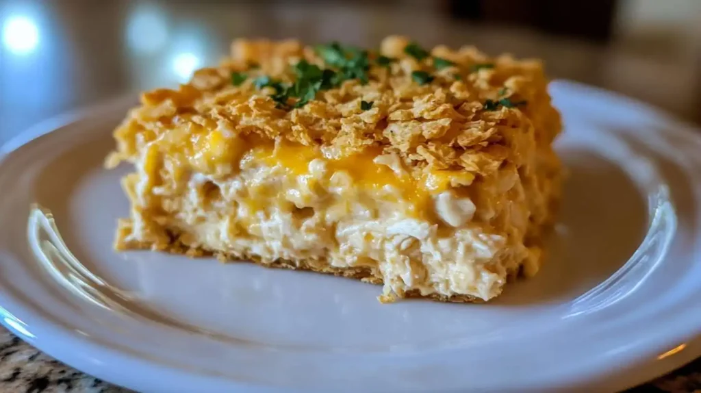 A close-up of Million Dollar Chicken Casserole with a crispy cracker topping, melted cheese, and creamy chicken filling.