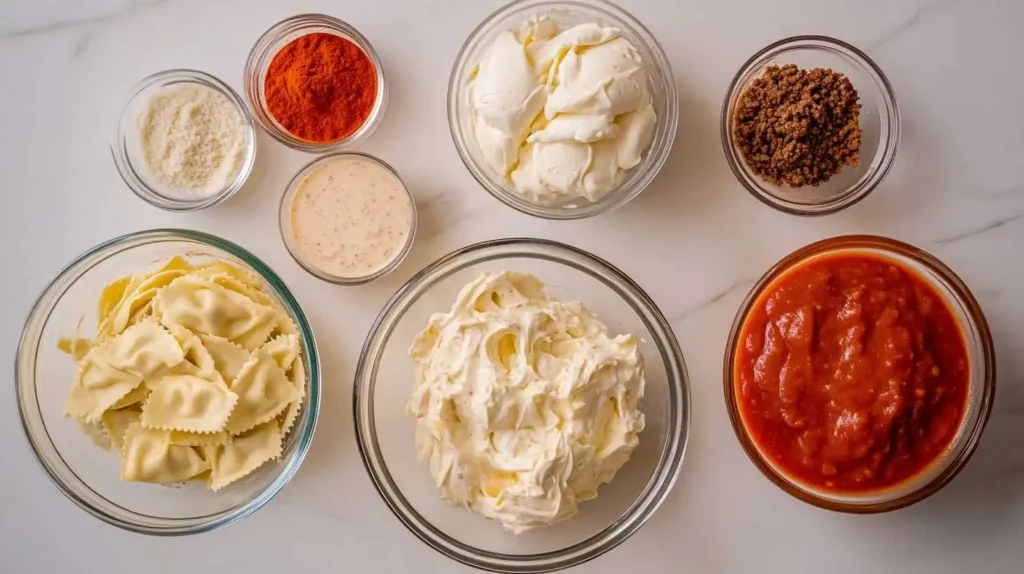 Ingredients for Million Dollar Ravioli Casserole, including ravioli, marinara sauce, cream cheese, ground beef, and seasonings.