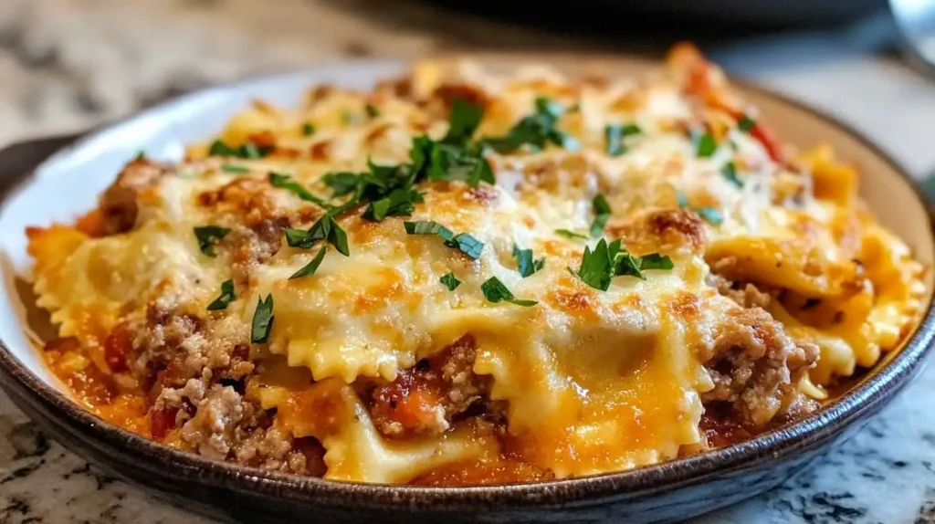 A serving of Million Dollar Ravioli Casserole with melted cheese, meat sauce, and fresh parsley.