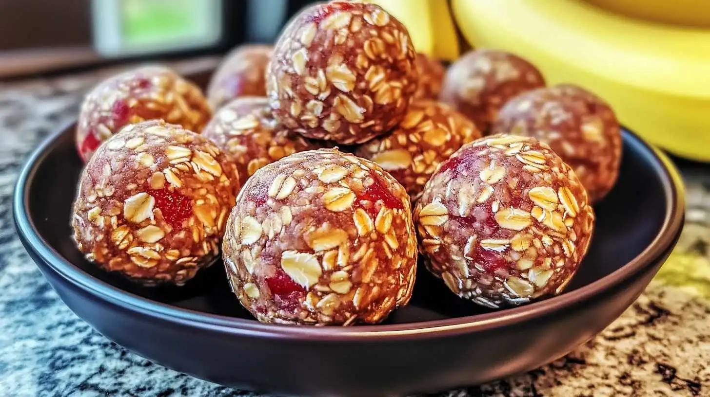 A bowl of Strawberry and Banana Oat Balls made with oats, fresh fruit, and natural sweeteners for a healthy snack.