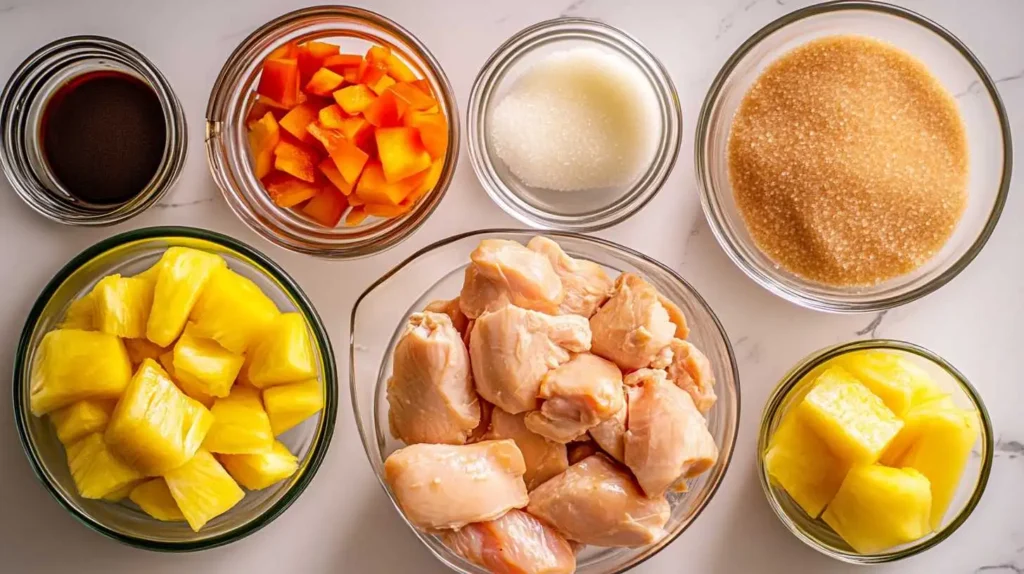 Fresh ingredients for Sweet Hawaiian Crockpot Chicken, including raw chicken, pineapple, bell peppers, soy sauce, and sugar.