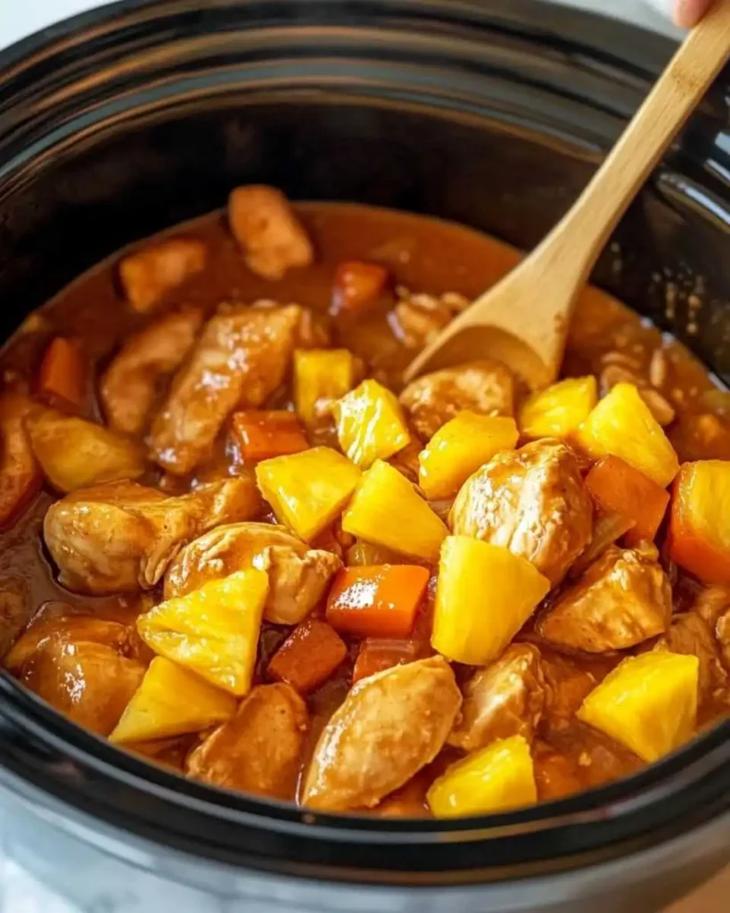  Sweet Hawaiian Crockpot Chicken cooking in a slow cooker with tender chicken, pineapple, and bell peppers.